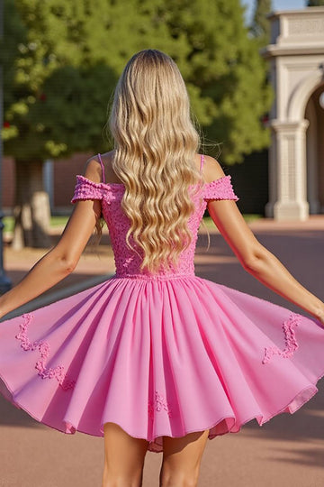 Pink Corset Cold Shoulder Short Prom Dress with Appliques